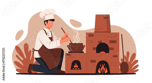 Chef Preparing Culinary Delights Using a Rustic Oven and Traditional Cooking Methods