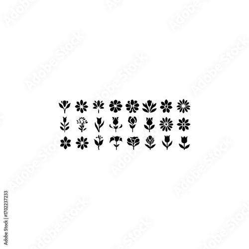 Collection of flower silhouettes. Flowers and plants set silhouette on a white background. 