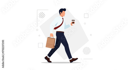 Businessperson Walking With Coffee And Bag During Morning Commute Activity Illustration