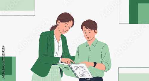 Businesswoman and businessman discussing and pointing at a planner design illustration
