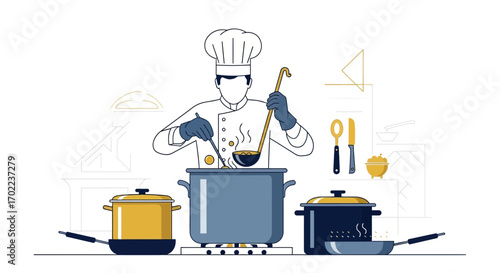 Chef Preparing Delicious Dish In Modern Minimalist Kitchen Setting Visuals Illustration