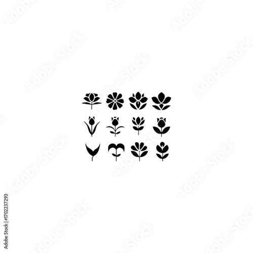 Collection of flower silhouettes. Flowers and plants set silhouette on a white background. 