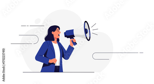 Businesswoman holding a megaphone, vector illustration, announcing news or promotion