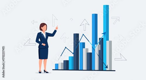 Businesswoman presenting a financial growth graph and data visualization analysis