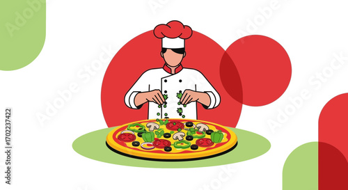 Chef preparing delicious pizza in a restaurant illustration with vibrant colors and design