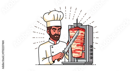 Chef Preparing Delicious Shawarma Meat with a Sharp Knife at a Restaurant