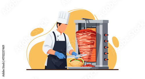 Chef Preparing Delicious Shawarma Meat Slices With Restaurant Professional Equipment