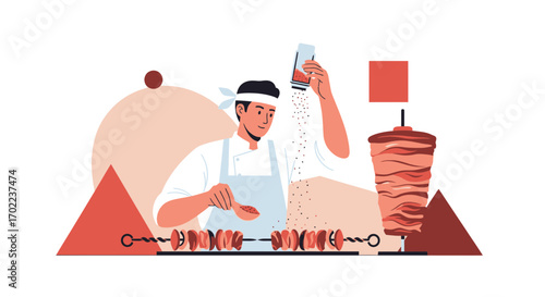 Chef Preparing Delicious Shawarma, Spicing Skewered Meats With Precision and Care