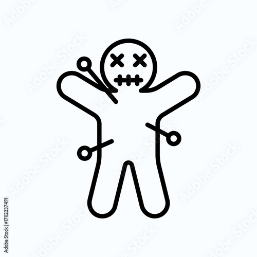 Minimalist Voodoo Doll Illustration With Pins in Simple Black Line Style