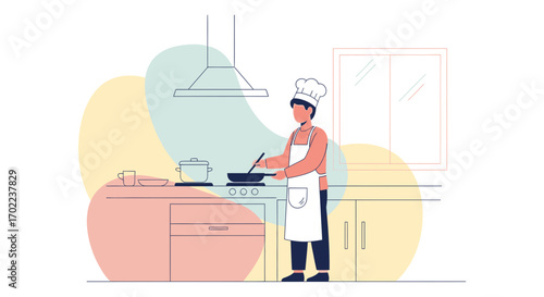 Chef Preparing Food in a Modern Kitchen, Cooking Culinary Cuisine Illustration