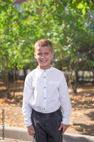 portrait of a boy in a white shirt. High quality photo
