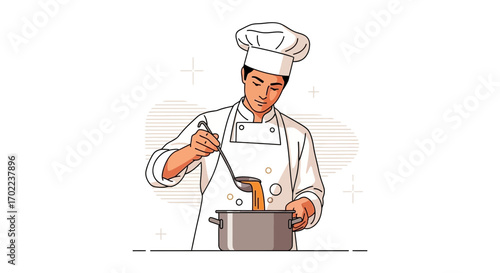 Chef preparing food in the kitchen with a pot and a ladle, vector illustration
