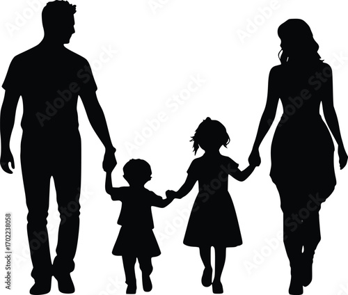 A black silhouette of a family of four, with a man, woman, and two small children, holding hands and walking together against a white background.

