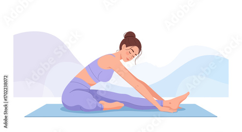 Calm Woman Doing Yoga Exercise on Mat, Practicing Stretching for Wellbeing and Fitness