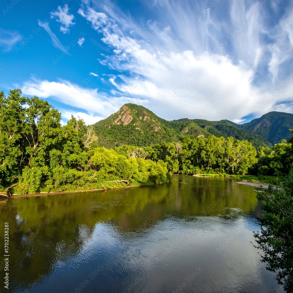 Fototapeta premium Serene river landscape under a vibrant sky (1)