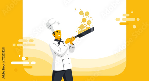 Chef Preparing Gourmet Pasta Dish With Artistic Pan Toss On A Vibrant Yellow Backdrop