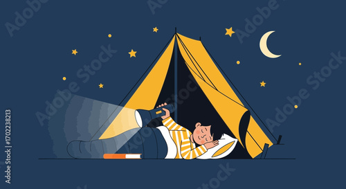 Camping Night Time Storytelling with Flashlight Under a Yellow Tent in the Dark