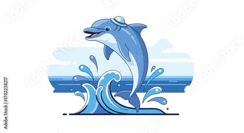 Captivating Cartoon Depiction of A Playful Dolphin Leaping Joyfully from The Ocean Waves