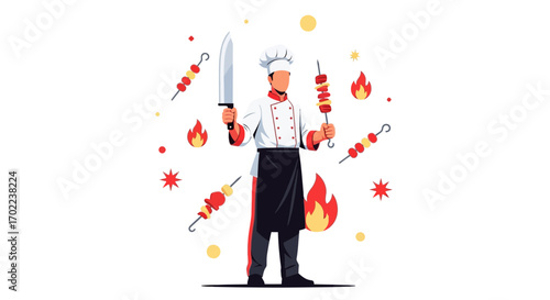 Chef Preparing Grilled Cuisine With Kebabs and Fire Elements in Culinary Illustration