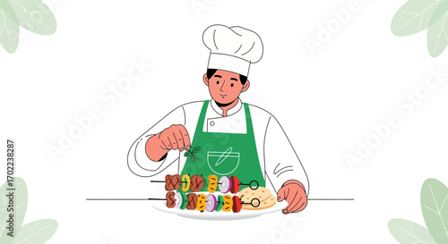 Chef preparing grilled skewers with vegetables and meats in a creative illustration scene