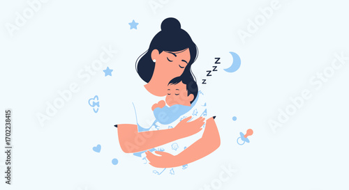 Caring Mother Holds Sleeping Infant, Serene Illustration Depicting Parental Affection