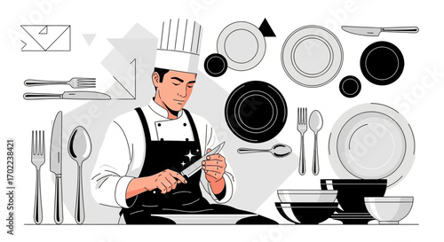 Chef Preparing Knife and Culinary Utensils For Perfect Culinary Creations