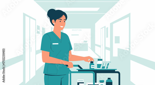 Caring Nurse with Medical Cart in Hospital Corridor Providing Healthcare Services Professionally
