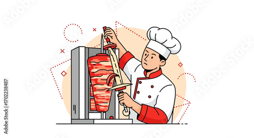 Chef preparing shawarma on a vertical rotisserie machine in an illustrated style