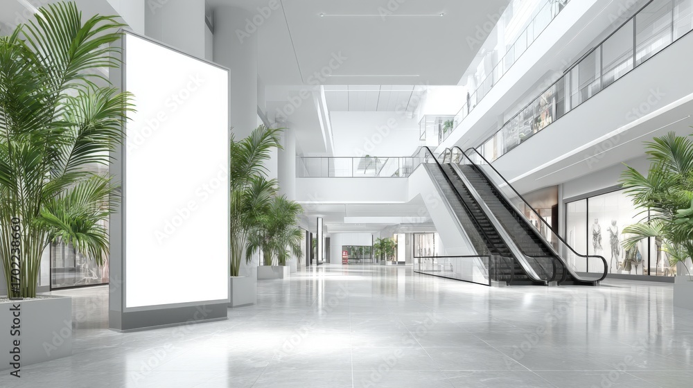 Obraz premium Modern Shopping Mall Interior with Blank Billboard, Escalators, and Green Plants for Advertising Mockup