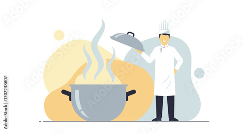 Chef Presenting a Delicious Dish From a Pot with Steam, Culinary Illustration