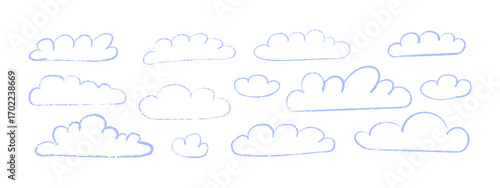 Cute childlike cloud collection. Crayon and chalk pastel doodle icons of clouds. Hand drawn elements with grunge texture isolated vector
