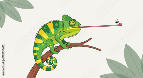 Cartoon Chameleon Extending Tongue to Catch Insect on a Branch Against White Background