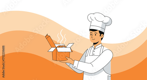 Chef presenting a freshly baked goods box on an illustrative background