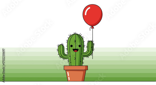 Cartoon Cactus Holding a Red Balloon Against a Stripes Green Background