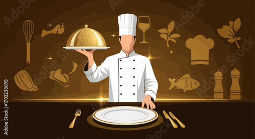 Chef Presenting A Dish, A Celebration Of Culinary Arts With Gourmet Elements