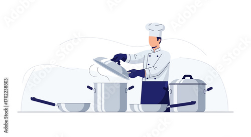 Cartoon chef preparing food in the kitchen with pots and pans ready to serve delicious meals