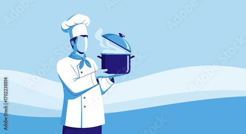 Chef Presenting Delicious Dish, Culinary Steam Rising from Pot, Food Preparation Concept
