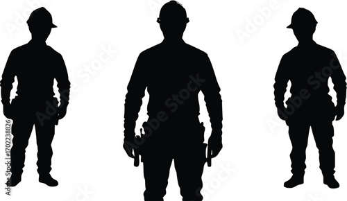 A set of three solid black silhouettes of construction workers or engineers wearing hard hats and tool belts, standing in slightly different full-body poses against a clean white background. The middl