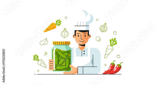 Chef Presenting Culinary Delights: Perfect Pickles And Fresh Vegetables Composition Graphic Art
