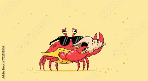 Cartoon crab with sunglasses holding a seashell relaxing on a sunny beach