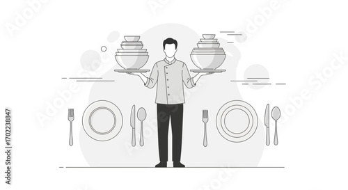 Chef Presenting Dishware and Utensils with Plates, Forks, Spoons, and Knives in a Dining Setup