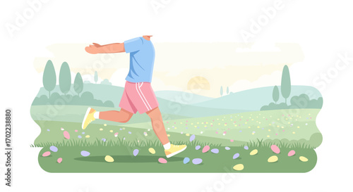 Cartoon Figure Running Through Easter Field with Colorful Eggs and Meadow