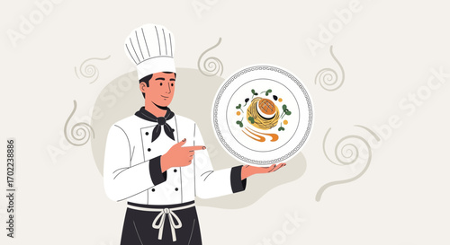Chef Presenting Exquisite Dish Illustrating Culinary Skills and Gastronomic Delights.