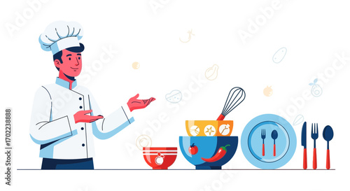 Chef Presenting Food Preparation Elements On White Background Vector Illustration