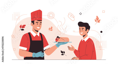 Chef Presenting Gourmet Meal To A Customer With Food Offering Illustration