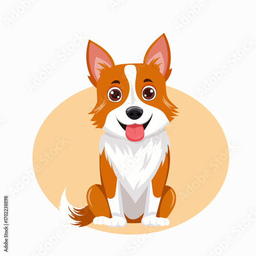 Cute Dog with Red and White Fur Sitting with Its Tongue Hanging Out. Man's Best Friend. Vector Illustration. Big Eyes, Drawing for Children, Kennels.
