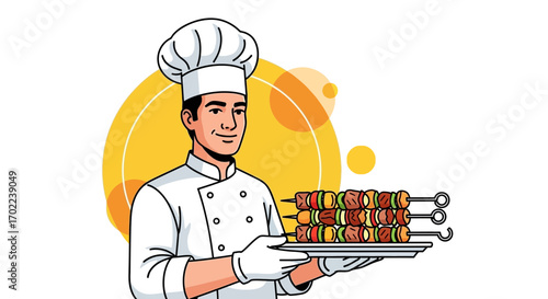 Chef Proudly Presents Grilled Skewers, Deliciously Arranged for Culinary Delight