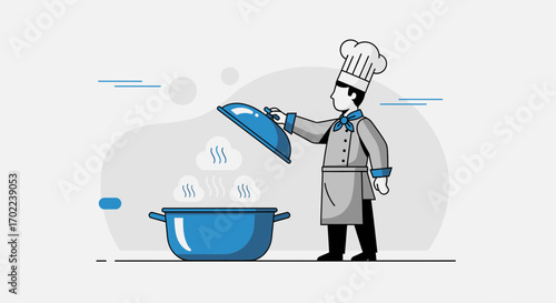 Chef Reveals Culinary Creation Vector Illustration With Cookware And Steam