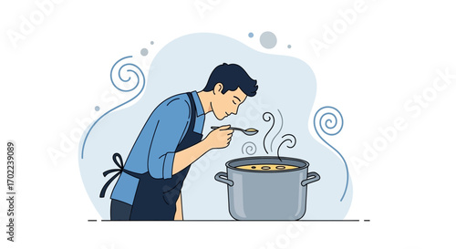 Chef Sampling Aroma Of Delicious Soup From A Large Pot Of Hot, Flavorful Ingredients