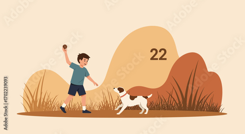 Cartoon illustration of a boy playing fetch with a dog in a natural landscape